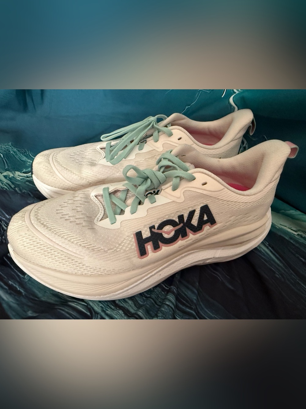 Hoka Women's White Sneakers with Mint Laces and Navy Logo Skyflow